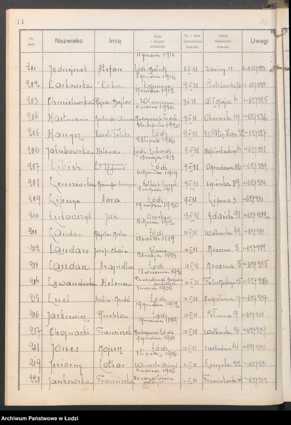 image.from.unit.number "Ewidencja dowodów osobistych wydanych przez Zarząd Miejski w Łodzi, zespół nr 3 [- nazwiska na litery Ch, H, I, J, L, Ł]"