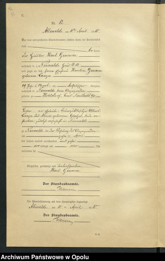 Obraz 17 z jednostki "Sterbe-Register (Neben-Register) Standesamt Altewalde 1910 No. 1 bis 45"