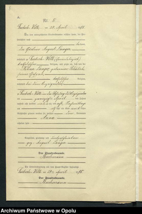 Obraz 12 z jednostki "Geburts-Neben-Register des Standesamts Deutsch Wette pro 1898"