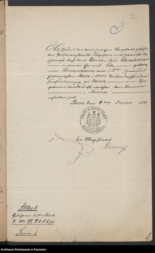 Obraz 9 z jednostki "Die von den Verlobten beigebrachten Urkunden zur Eheschliessung pro 1878"