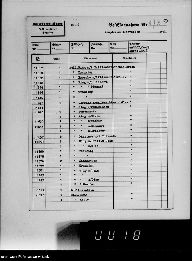 Obraz 17 z jednostki "Ankauf vom J.A.[Kartoteka dostaw skonfiskowanych kosztowności]"