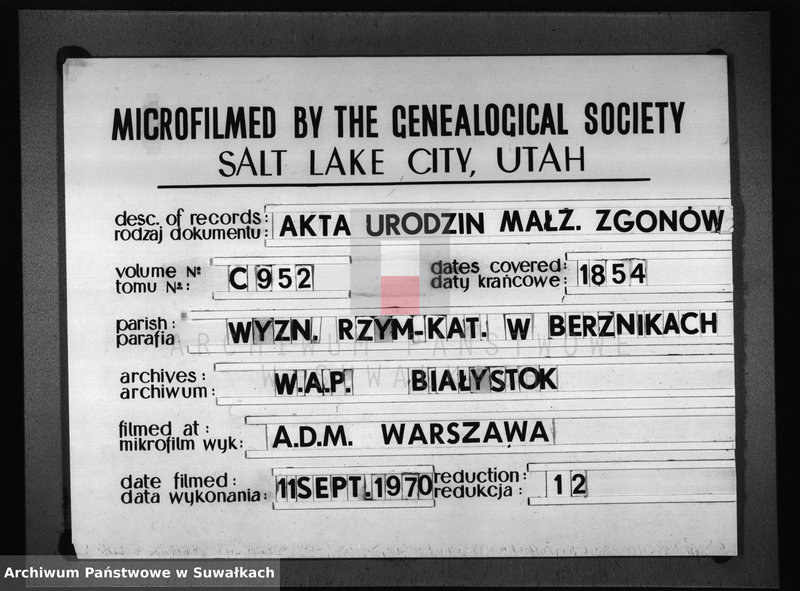 image.from.unit.number "Duplikat Aktów Urodzenia, Małżeństwa i Zejścia Parafia Berzniki z Roku 1854"