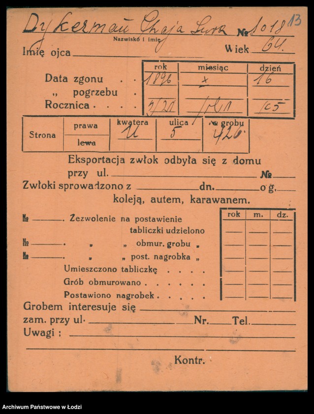 Obraz 14 z jednostki "Kartoteka osób pochowanych na cmentarzu żydowskim przy ulicy Brackiej w latach 1892-1953. Nazwiska na litery: Dy-Dz"