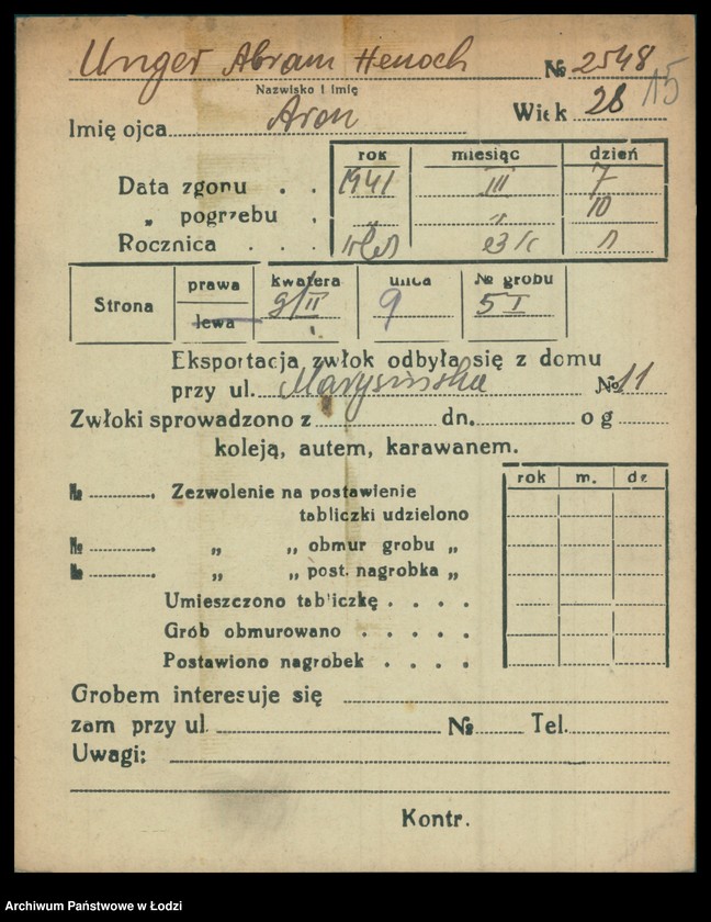 Obraz 16 z jednostki "Kartoteka osób pochowanych na cmentarzu żydowskim przy ulicy Brackiej w latach 1892-1944. Nazwiska na literę U"