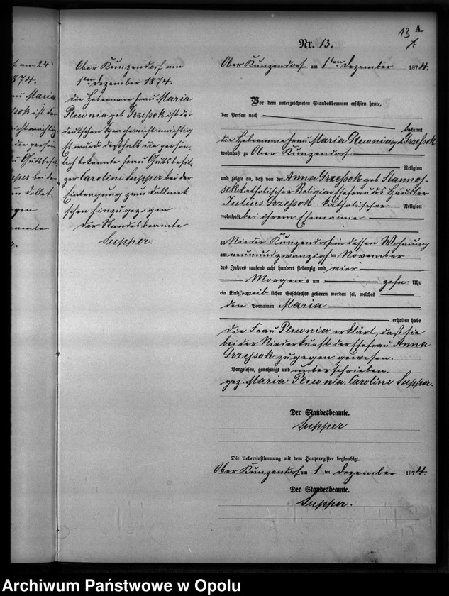 Obraz 16 z jednostki "Geburts-Neben-Register des Standesamtes Kunzendorf 1874"