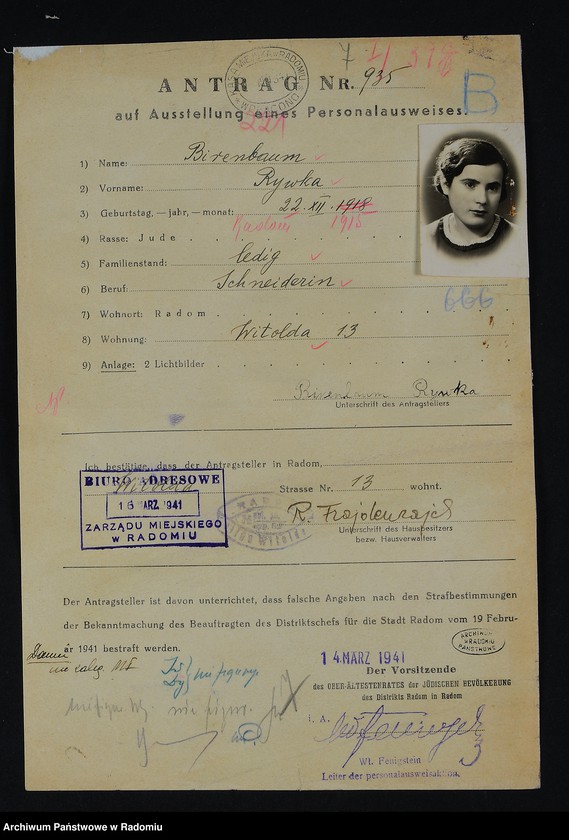 image.from.unit.number "[Wnioski o wydanie dowodów osobistych oraz nie odebrane dowody Birenbaum Rachela - Blass]"