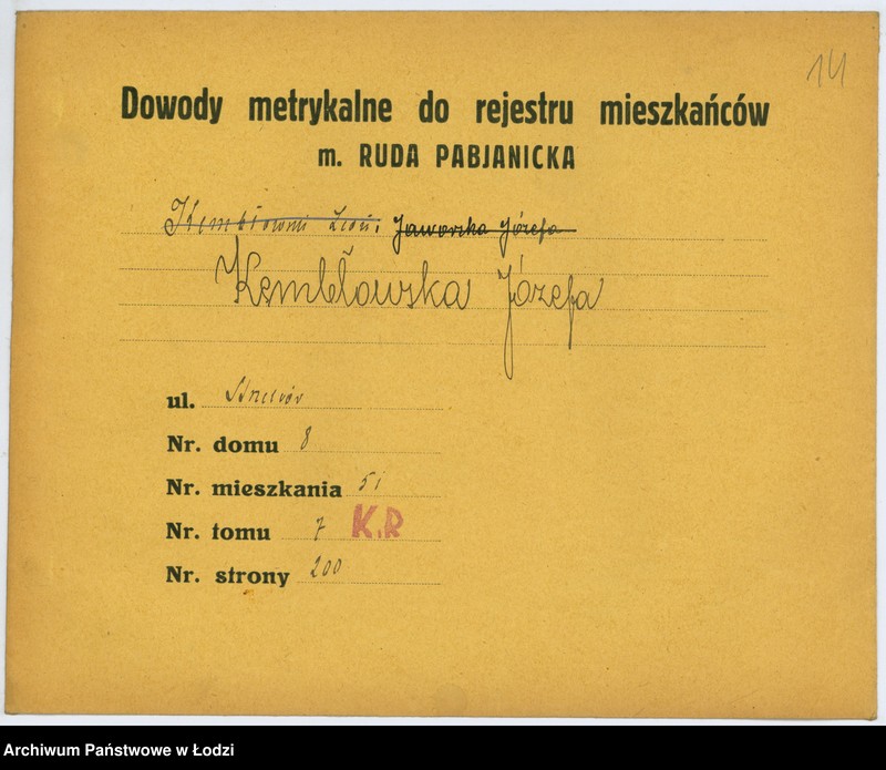 image.from.unit.number "Dokumenty do rejestru mieszkańców Rudy Pabianickiej. Kebsch Helena - Kühnel Olga"