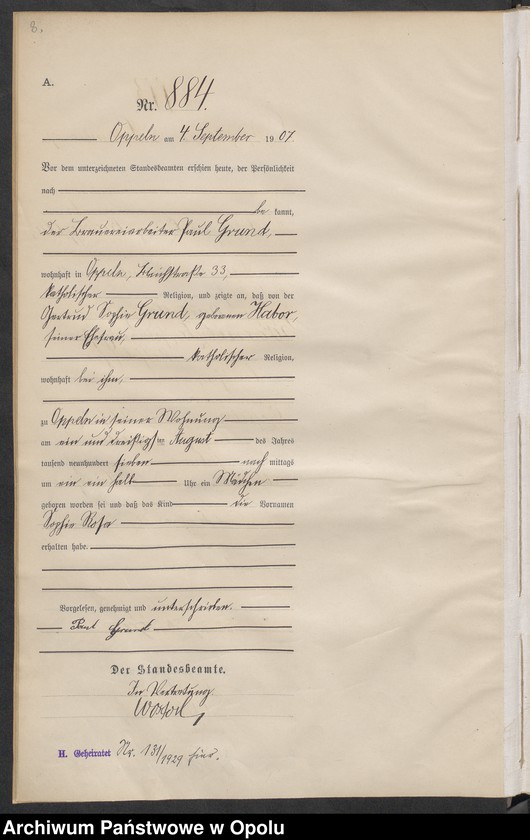 image.from.unit.number "Urząd Stanu Cywilnego w Opolu 1907 Rejestr Urodzeń miejscowa Nr 878 do 1277"