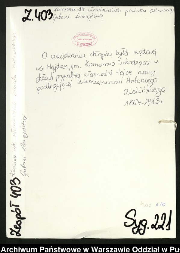 image.from.unit.number "O urządzaniu chłopów byłej rządowej wsi Majdan, gm. Komorowo wchodzącej w skład prywatnej własności tejże nazwy podlegającej ziemianinowi Antoniego Zielińskiego"