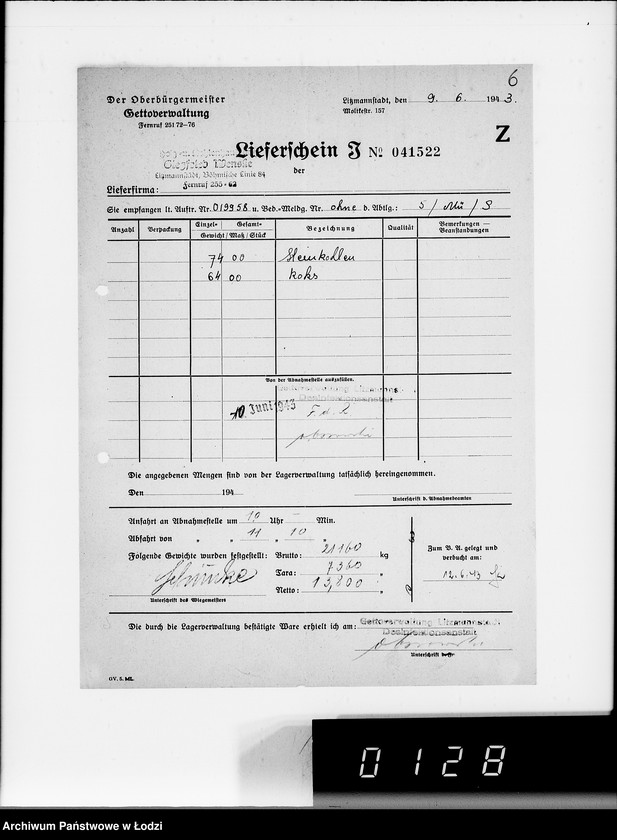 Obraz 10 z jednostki "Lebensmitteleinkauf. Aufträge, [Lieferscheinen und Rechnungen] 19941-19960 [Dostawa artykułów pierwszej potrzeby do Getta]"