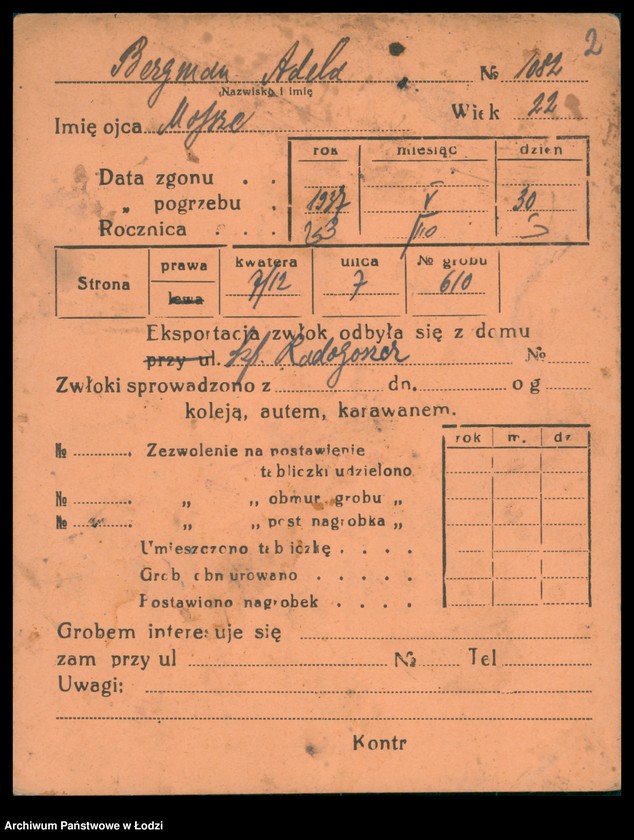 Obraz 3 z jednostki "Kartoteka osób pochowanych na cmentarzu żydowskim przy ulicy Brackiej w latach 1892-1955. Nazwiska na litery: Bergm-Berz"