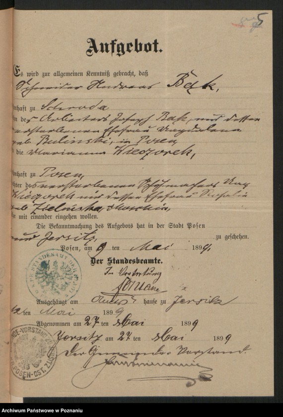 Obraz 7 z jednostki "Die von den Verlobten beigebrachten Urkunden zur Eheschliessung pro 1899"