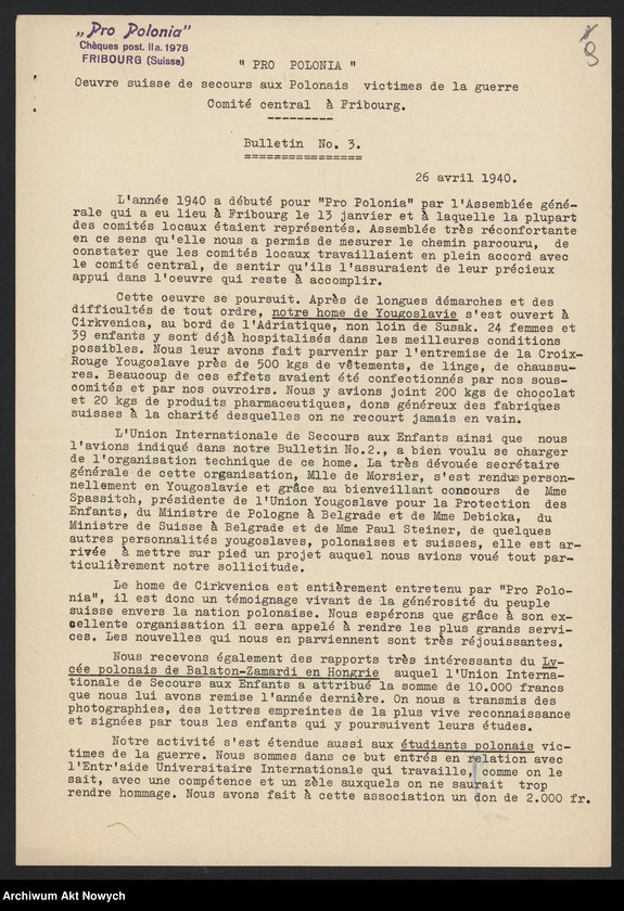 image.from.unit.number "Pro Polonia. Oeuvre suisse de secours aux Polonia victimes de la guerra; Załączniki: 1) Biuletyny Nr Nr 1,2,3; 2) Apel; 3) Raport dotyczący dzieci uciekinierów polskich; 4) kopia listu J. Dębickiego do "Pro Polonia"; L.3"