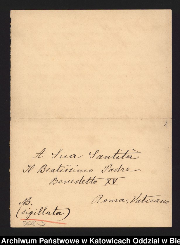 image.from.unit.number "[1. Korespondencja arcyksiężnej Marii Teresy Habsburg z władzami kościelnymi w sprawie uzyskania zezwolenia na odprawianie Mszy Świętej w kaplicy zamkowej 1905-1912, 2. Kopia fragmentu traktatu wiedeńskiego z 3 maja 1815 roku]"