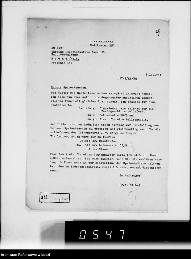 Obraz 13 z jednostki "Reichskommisar Ukraine. [Korespondencja w sprawie realizacji zamówień dla Ukraine Lederindustrie G.m.b.H w Równem]"
