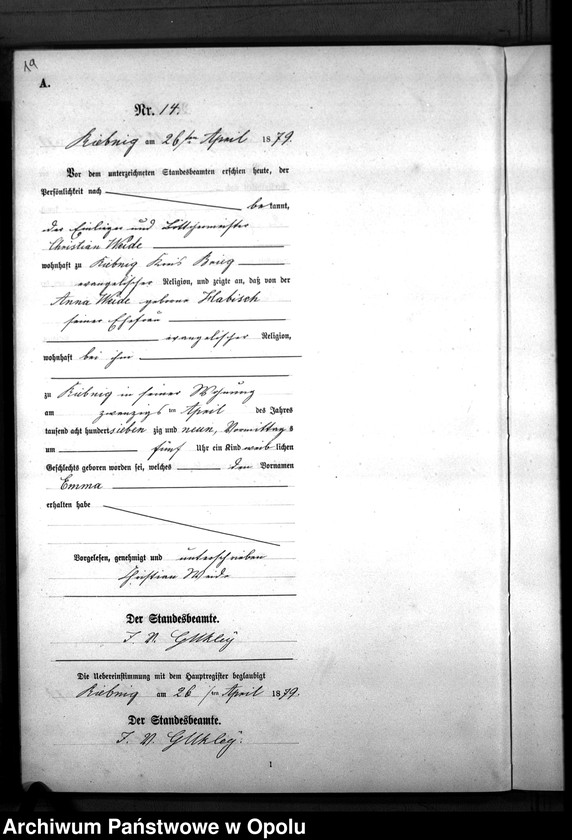 Obraz 17 z jednostki "Geburts-Neben-Register Standes-Amt Riebnig 1879"