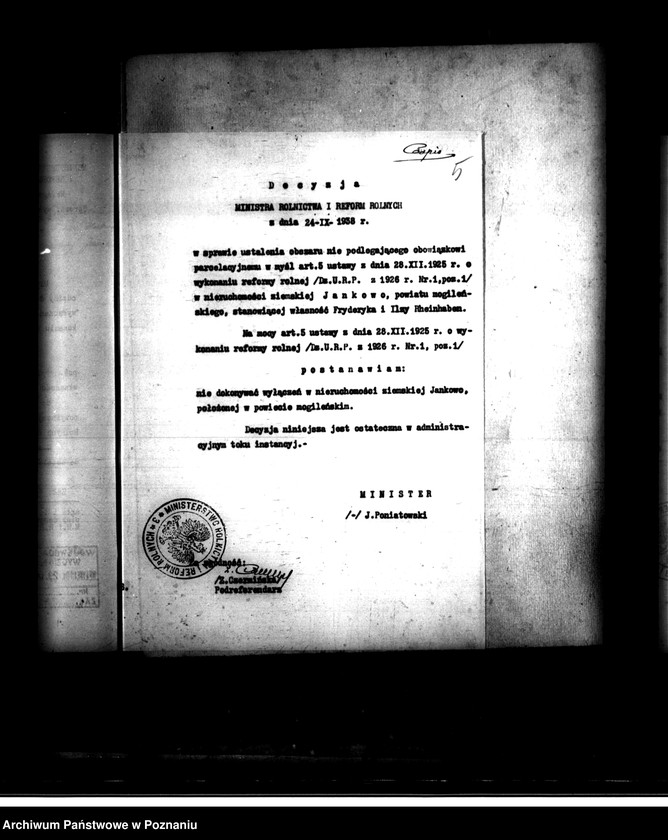Obraz 9 z jednostki "Majątek Jankowo /Ludwiniec/ powiatu mogileńskiego wyłączenie z art. 5 ustawy o wykonaniu reformy rolnej"