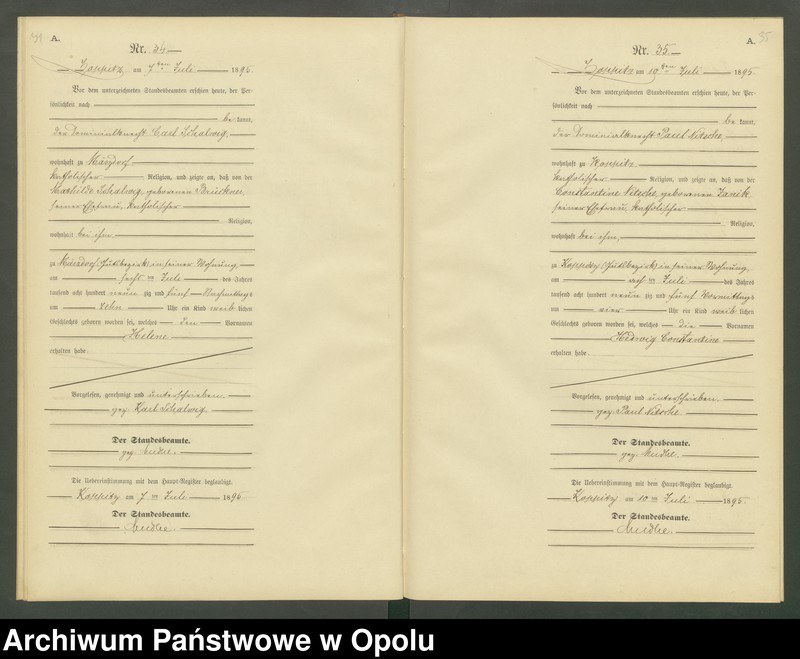 Obraz 20 z jednostki "Geburts-Neben-Register Standesamts Koppitz pro 1895"