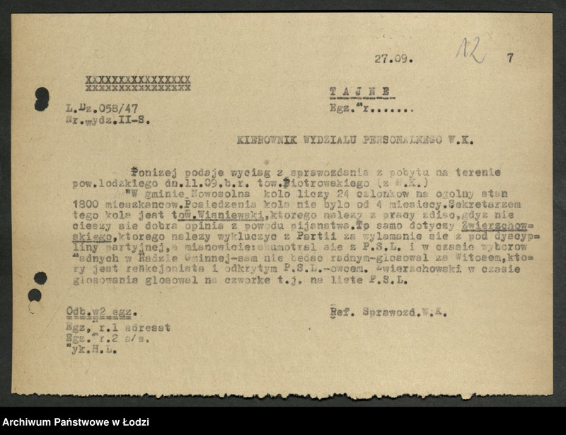 Obraz 13 z jednostki "[Wyciągi] Referatu Sprawozdawczego [dla wydziałów i Komisji Kontroli Partyjnej z protokołów zebrań i sprawozdań instruktorów]"