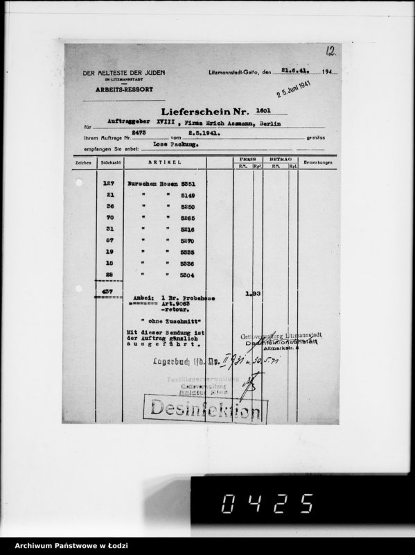 Obraz 16 z jednostki "[Dowody dostawy odzieży dla firmy dla Asmann u.Co.Berlin"