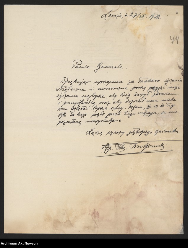 image.from.unit.number "Łukomski Stanisław, biskup łomżyński. Podziękowania za książkę i życzenia."