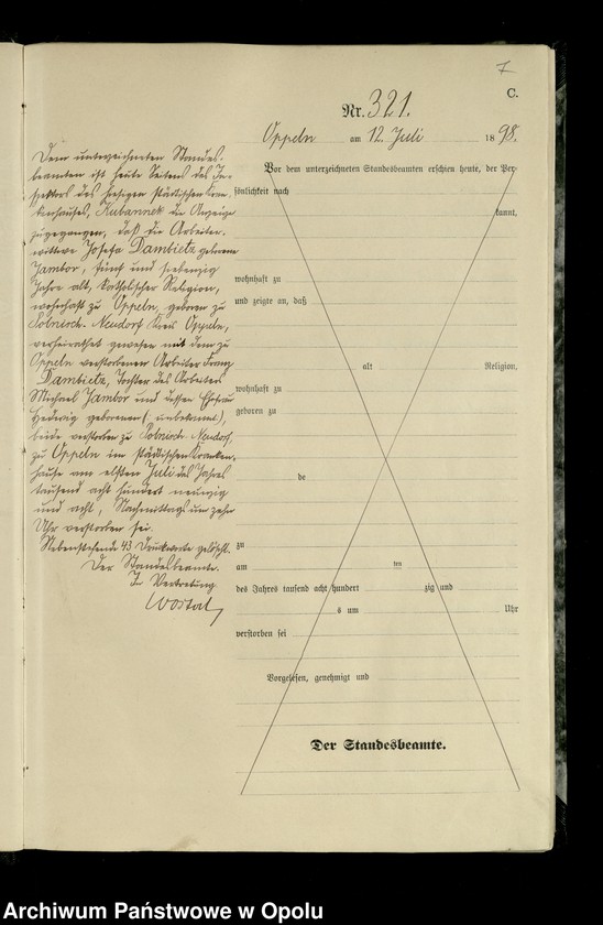 Obraz 10 z jednostki "Urząd Stanu Cywilnego w Opolu 1898 Rejestr zgonów Księga Miejscowa Nr 315 do 632"