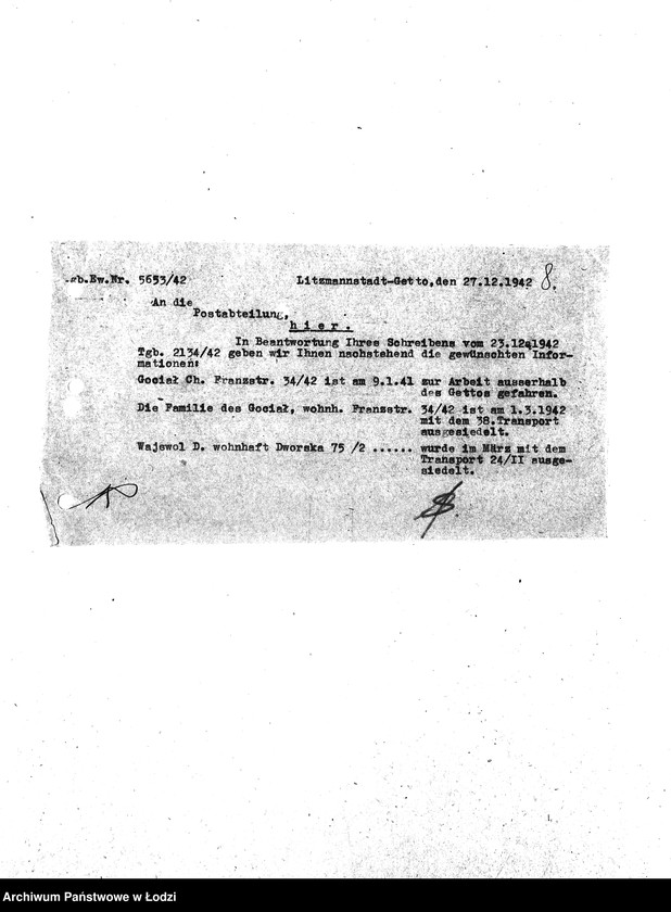 Obraz 11 z jednostki "[Korespondencja wychodząca i przychodząca z wydziałami getta, z niemieckimi urzędami i innymi gettami żydowskimi. Sprawy personalne, meldunkowe mieszkańców getta. Sprawy wewnętrzne Wydziałów Ewidencji]"