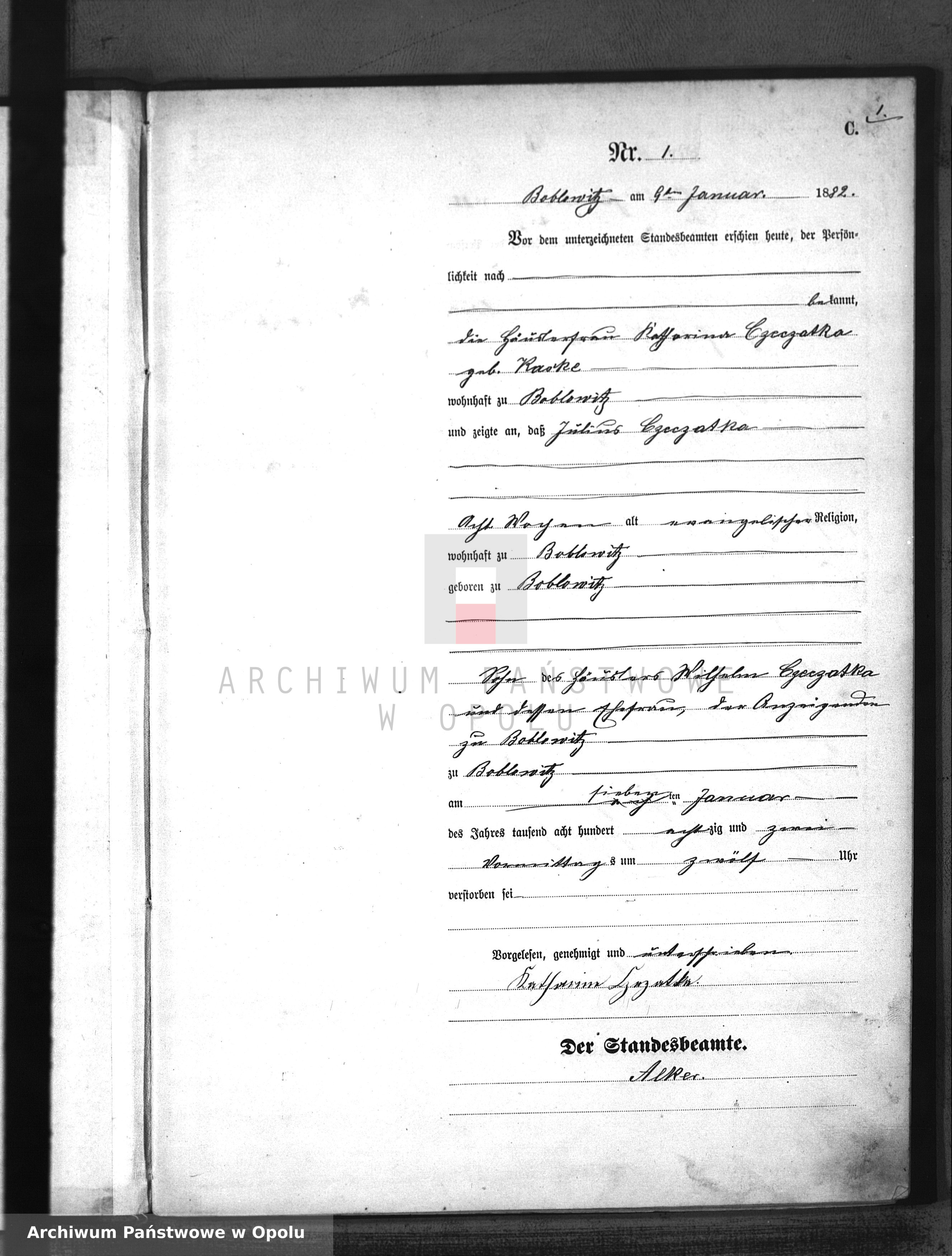 Skan z jednostki: Sterbe-Haupt-Register Standesamts Boblowitz pro 1882