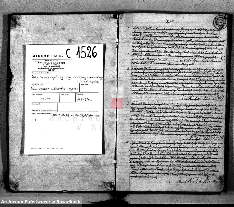 image.from.unit.number "Dupplikat Urodzonych, Zaślubionych i Umarłych Parafii Krasnopolskiej 1857 roku."