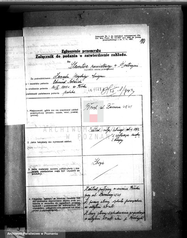 image.from.unit.number "Zatwierdzenie zakładu przemysłowego /młyna/ w Borku, pow. krotoszyński własność E. Sobańskiego"