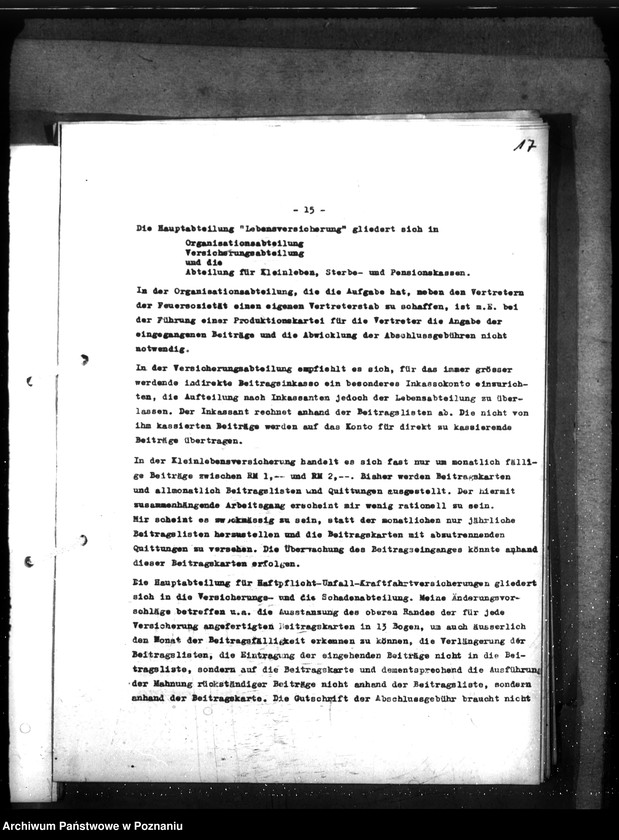 Obraz 20 z jednostki "Kontrola organizacji i działalności poznańskiej ubezpieczalni ogniowej i ubezpieczalni na życie"