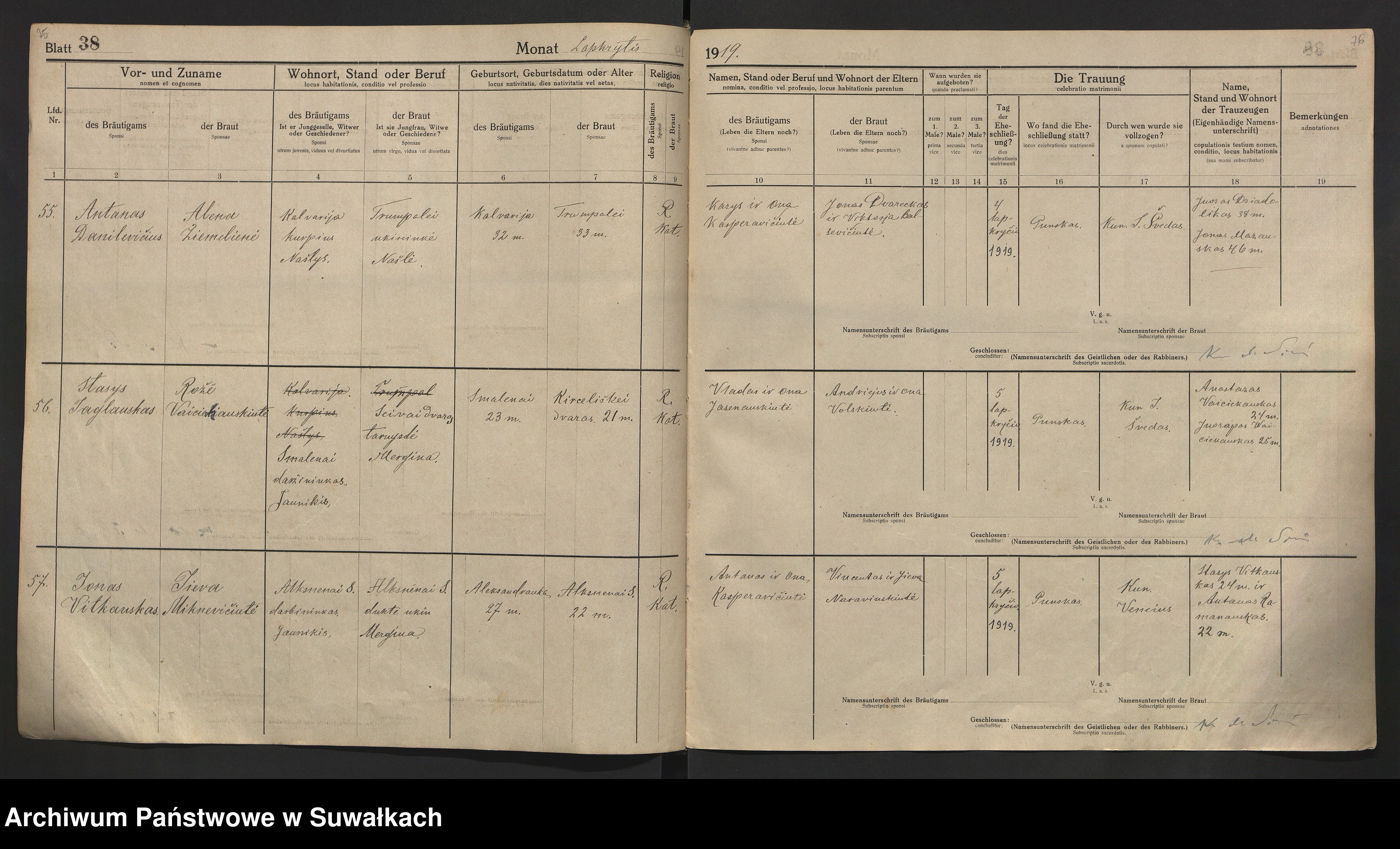Skan z jednostki: [Księga akt małżeństw parafii rzymskokatolickiej w Puńsku z lat 1918-1921]