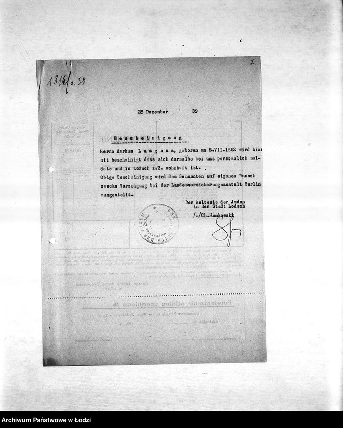 Obraz 10 z jednostki "Sprawy zaświadczeń [m.in. o zatrudnieniu mieszkańców getta, wysokości poborów, miejscu zamieszkania, sytuacji materialnej, wsparciach pieniężnych]"