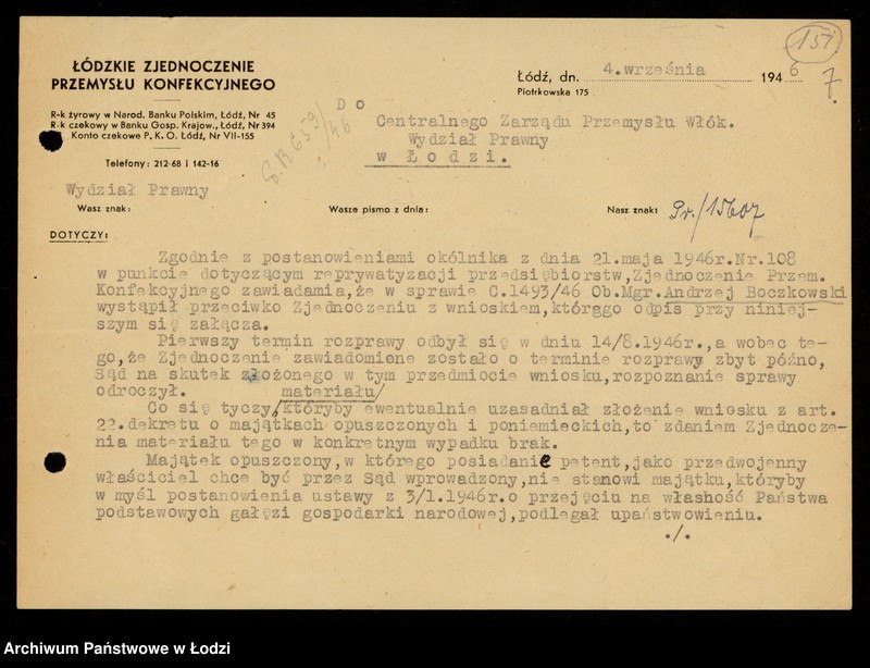 Obraz 9 z jednostki "[Korespondencja w sprawie reprywatyzacji urządzeń biurowych Fabryki Termometrów oraz lokalu fabrycznego w Łodzi ul. Dowborczyków 37]"