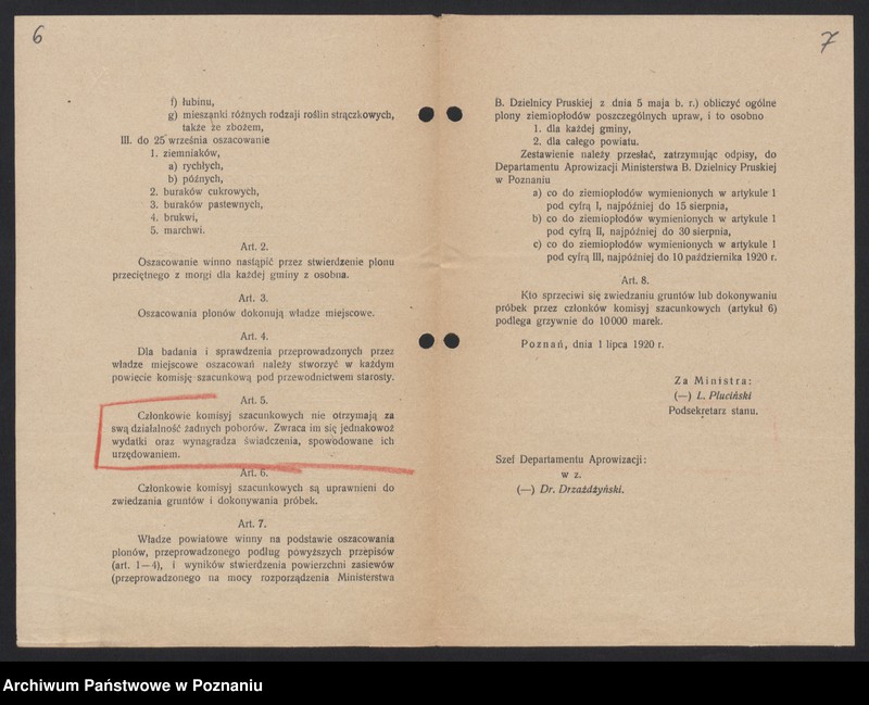 Obraz 7 z jednostki "[Wyniki oszacowania plonów roślin okopowych w Księstwie Poznańskim w roku 1919] i Rozporządzenie dotyczące stwierdzenia powierzchni zasiewów w roku 1920"