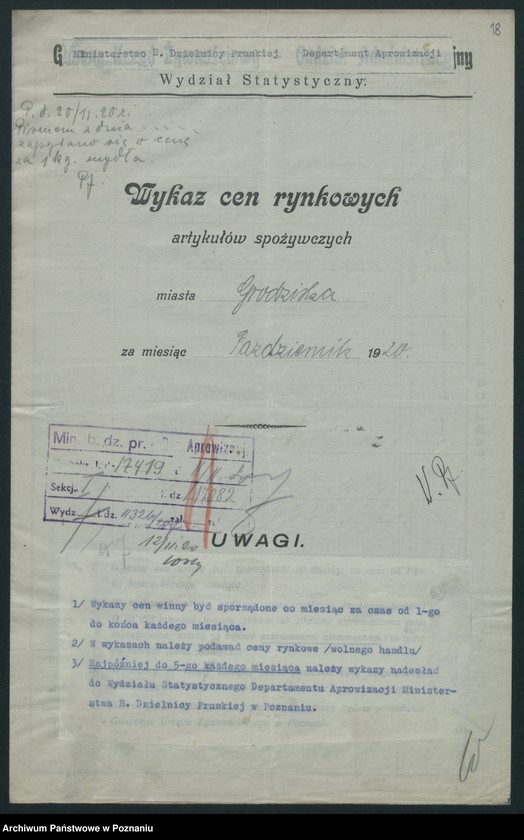 Obraz 19 z jednostki "[Wykazy cen rynkowych na artykuły spożywcze w poszczególnych miastach Województwa Poznańskiego za miesiąc październik 1920 roku]"