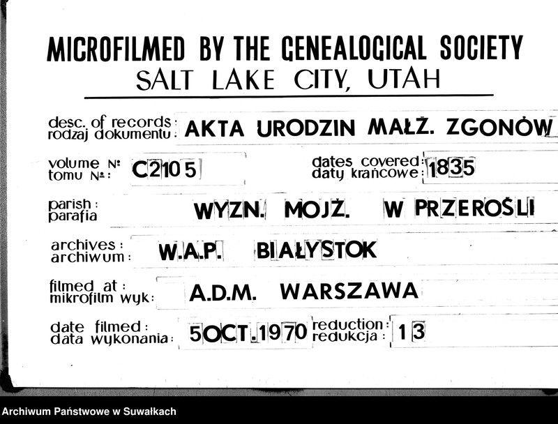 image.from.unit.number "Duplikatu Ksiąg Aktów Urodzonych, Umarłych i Zaślubionych Okręgu Przerośl na Rok 1835."