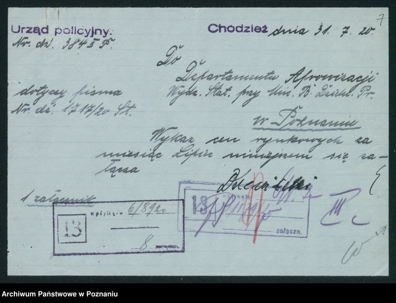 Obraz 9 z jednostki "[Wykaz cen rynkowych artykułów pierwszej potrzeby w poszczególnych miastach Województwa Poznańskiego za miesiąc lipiec 1920]"