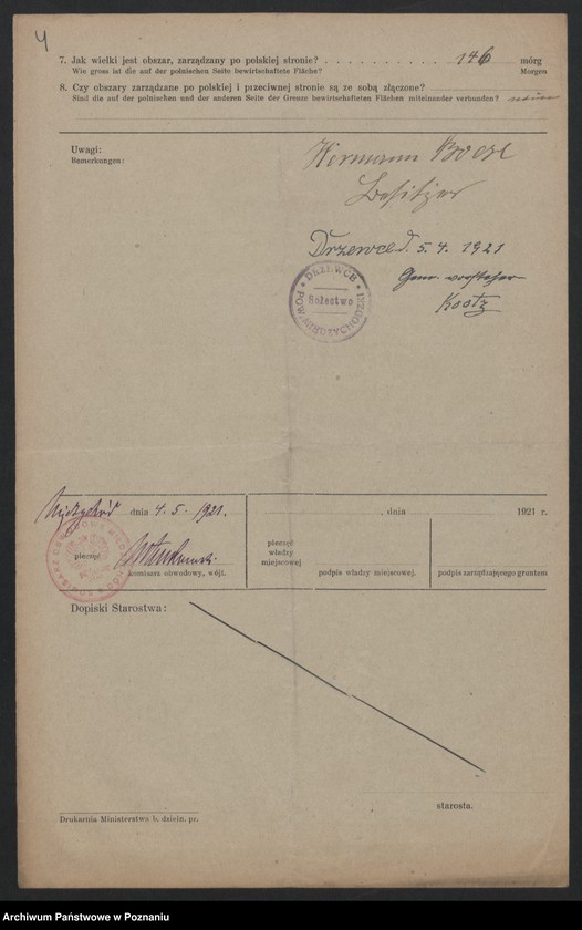 Obraz 5 z jednostki "[Kwestionariusze dotyczące stwierdzenia gruntów znajdujących się po niemieckiej stronie pogranicza a zarządzanych przez zamieszkałych po stronie polskiej] powiat Międzychód"