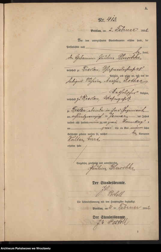 Obraz 16 z jednostki "Księga urodzeń Wrocław III 1892 t.01"