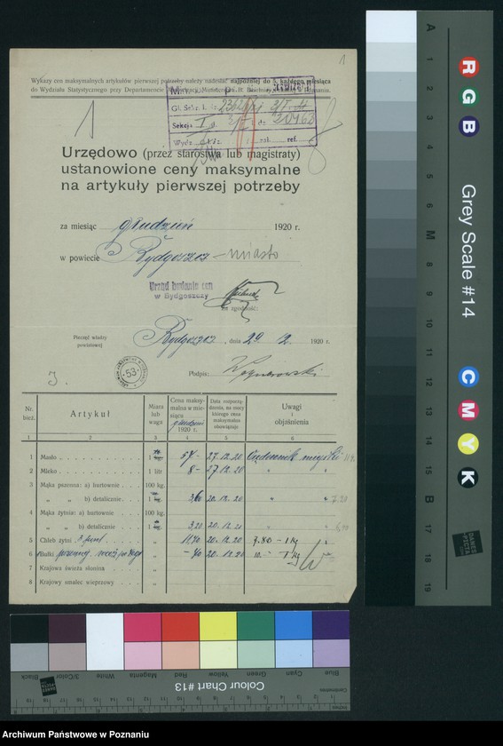 Obraz 3 z jednostki "[Wykazy urzędowo ustanowionych cen maksymalnych na artykuły pierwszej potrzeby na terenie Województwa Poznańskiego za miesiąc grudzień 1920 roku]"