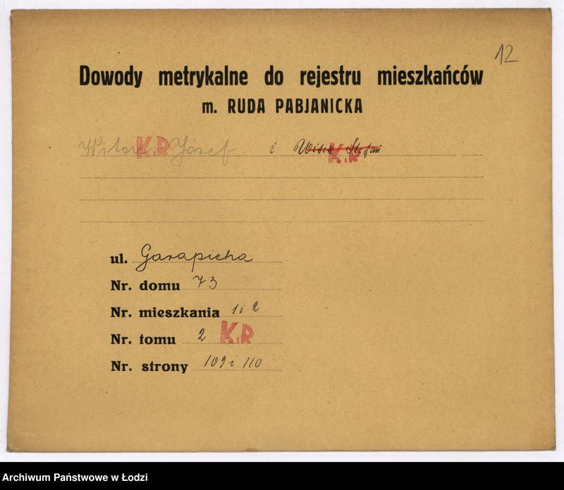 image.from.unit.number "Dokumenty do rejestru mieszkańców Rudy Pabianickiej. Witaszczyk Jan - Wróblewska Marianna"