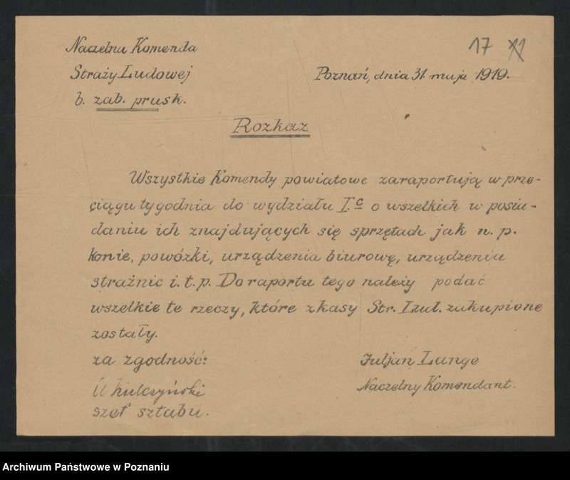 Obraz 19 z jednostki "/Rozkazy dzienne Straży Ludowej byłego Zaboru Pruskiego, przemianowanej następnie na wojsko "Obrony Kraju"/."
