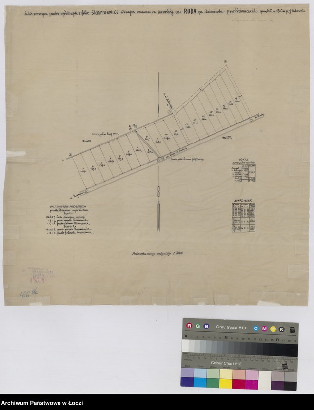 Obraz 1 z jednostki "Szkic pierworysu gruntów wydzielonych z folwarku Skierniewice oddanych wzamian za serwituty wsi Ruda gminy Skierniewka powiat skierniewicki sporządził w 1925 mierniczy przysięgły J. Bukowski"
