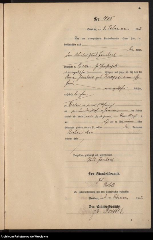 Obraz 18 z jednostki "Księga urodzeń Wrocław III 1892 t.01"