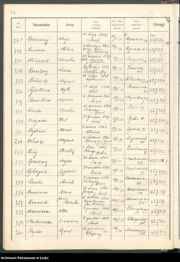 Obraz 16 z jednostki "Ewidencja dowodów osobistych wydanych przez Zarząd Miejski w Łodzi, zespół nr 6 [- nazwiska na litery N, O, R, T]"