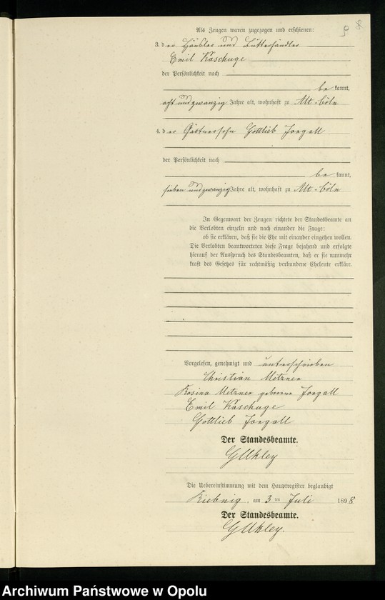 Obraz 12 z jednostki "Heiraths-Neben-Register Standes-Amt Riebnig 1898"