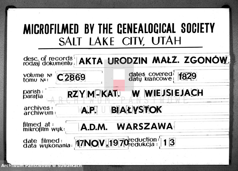 Obraz 1 z jednostki "Duplikat aktów urodzonych, zaślubuionych y umarłych katolików w parafii wieysieysiey w dekanacie łozdziejskim od dnia 1 stycznia do 31 grudnia 1829 roku"