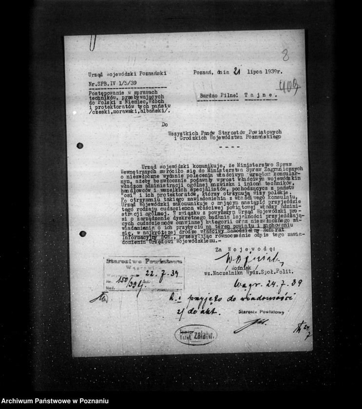 Obraz 12 z jednostki "/Regulowanie pobytu w Polsce obywateli państw obcych- uchodźców, osób pozbawionych obywatelstwa polskiego itp.. /generalia, akta tajne/"