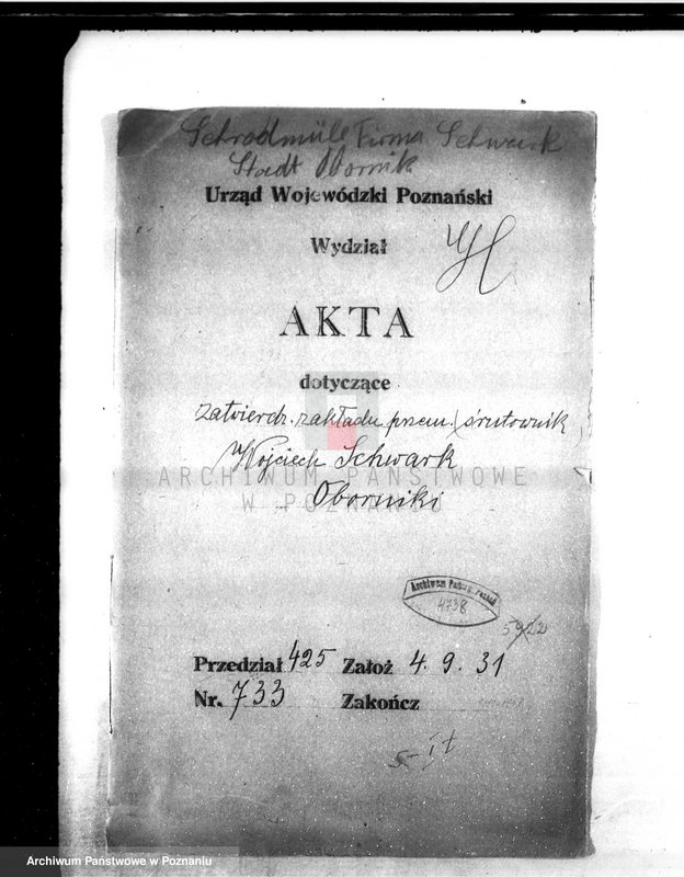 Obraz 4 z jednostki "Zatwierdzenie zakładu przemysłowego /śrutownika/ własność Schwarka w Obornikach"